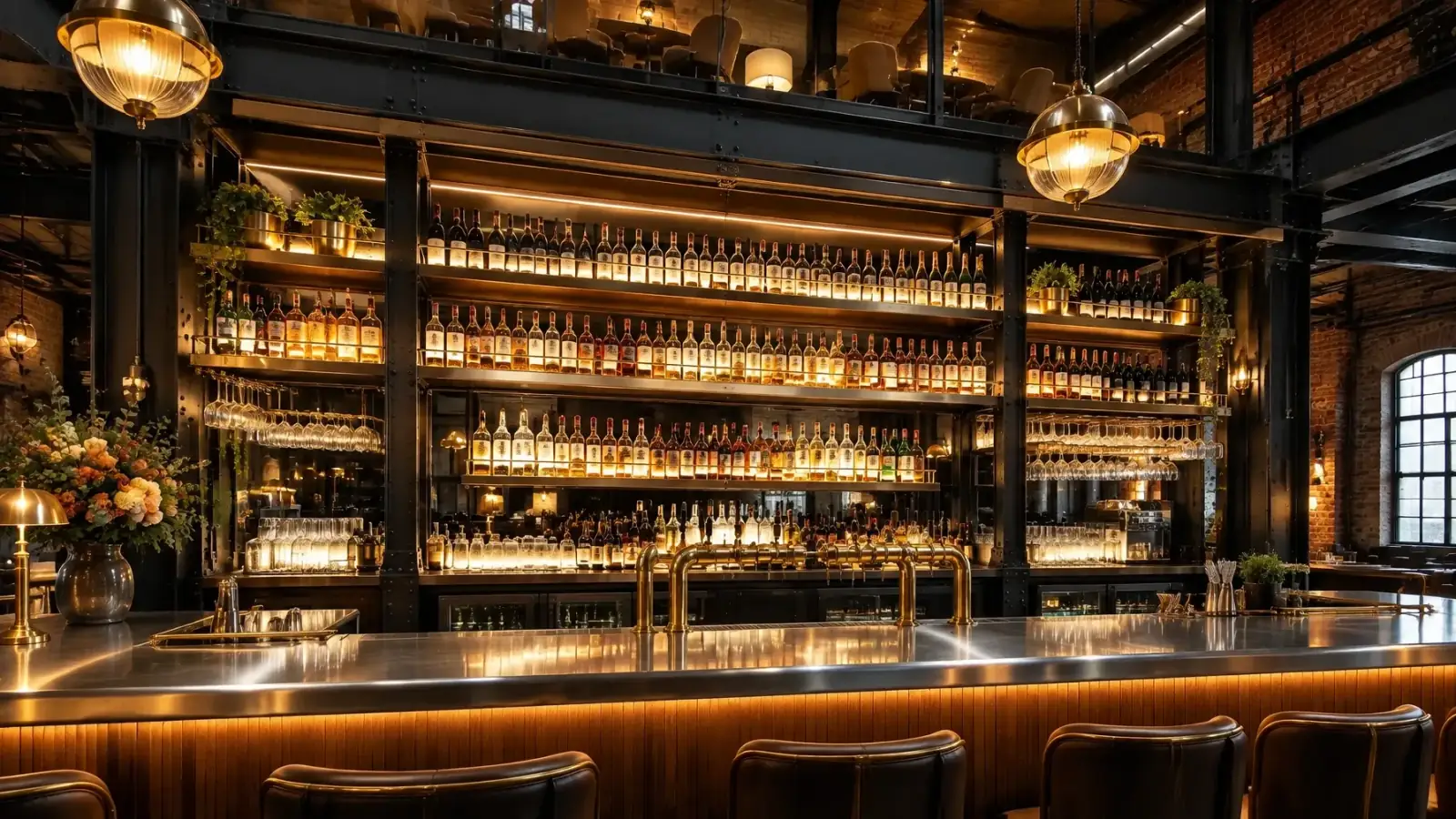 Bespoke black steel and brass back-bar gantry with illuminated bottle shelving above a bar counter