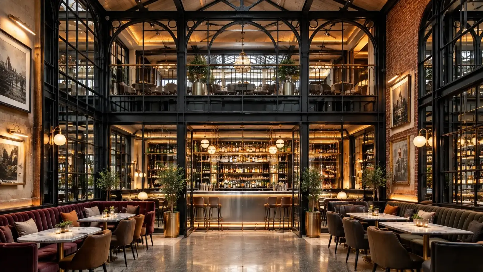 Bespoke steel-framed bar interior with metal gantry shelving and warm lighting