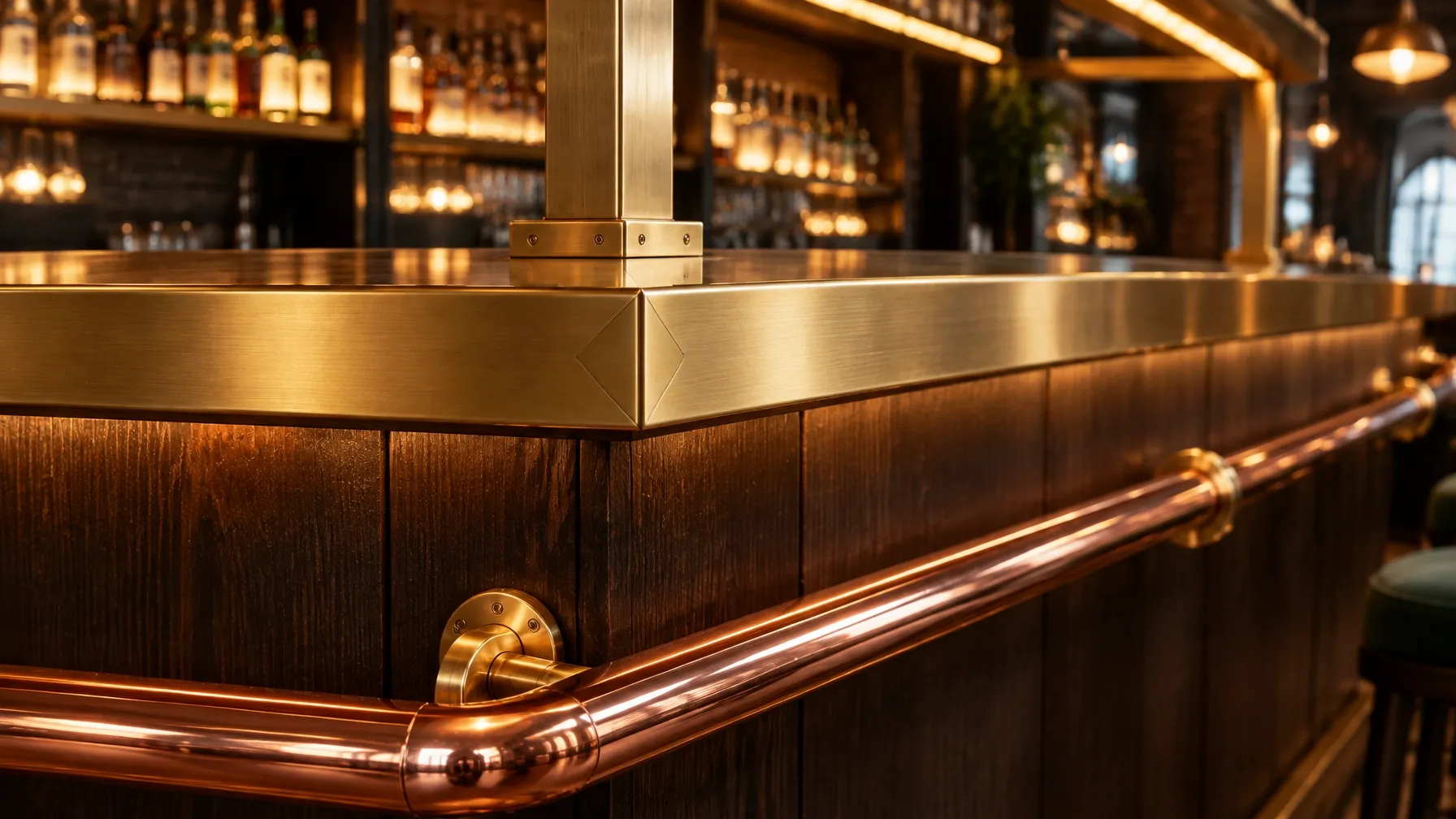Copper footrail and brass trim detail on a dark timber bar front