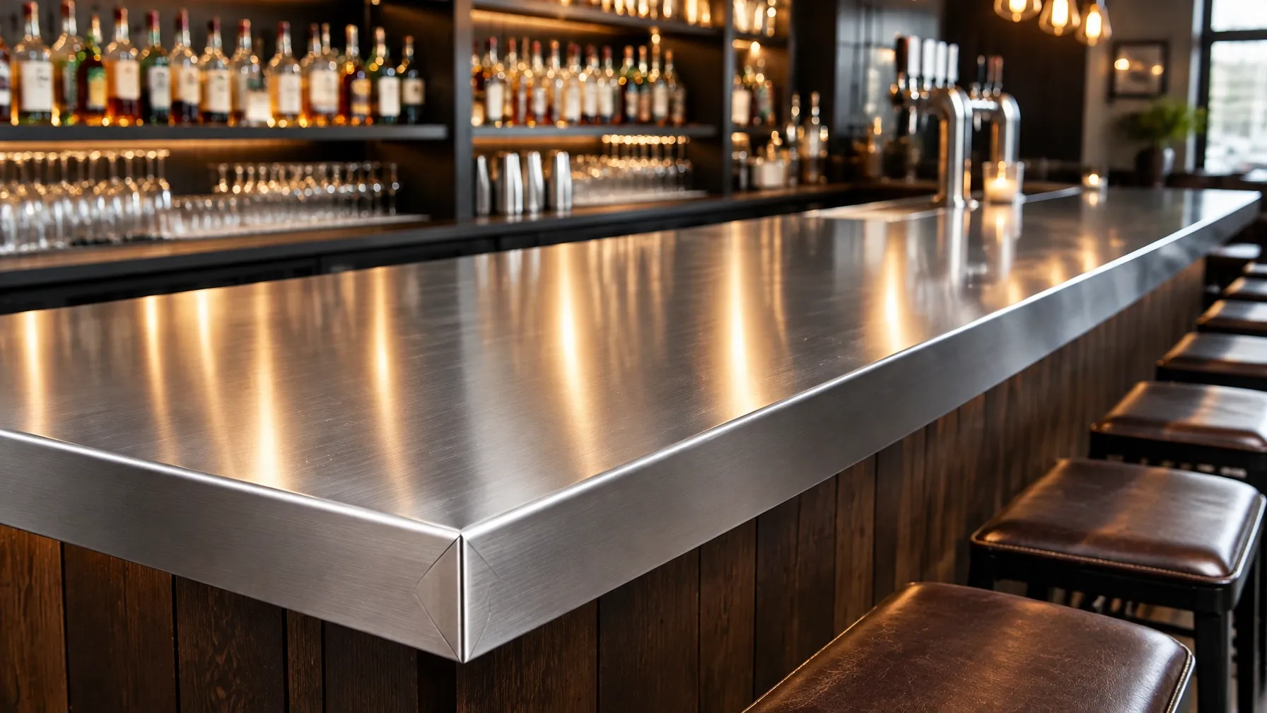 Brushed stainless steel bar top with a folded front edge above a timber-fronted counter