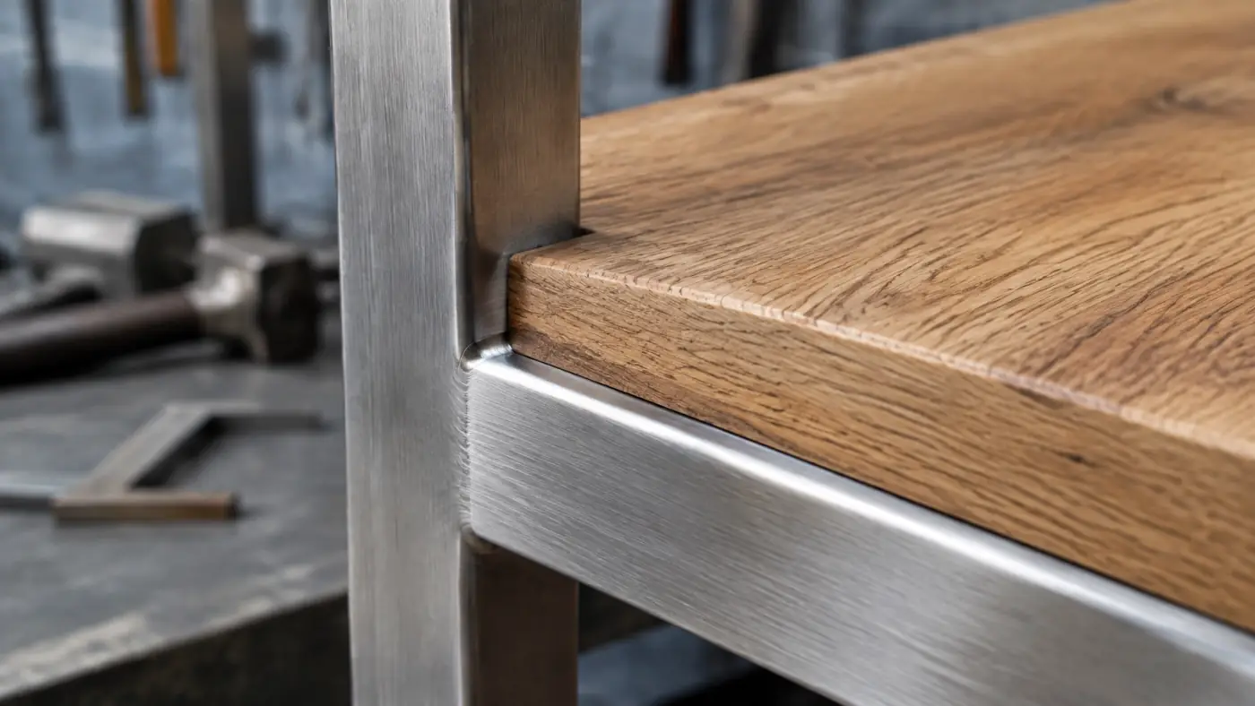 Close-up of a brushed steel frame joint meeting a solid timber shelf edge