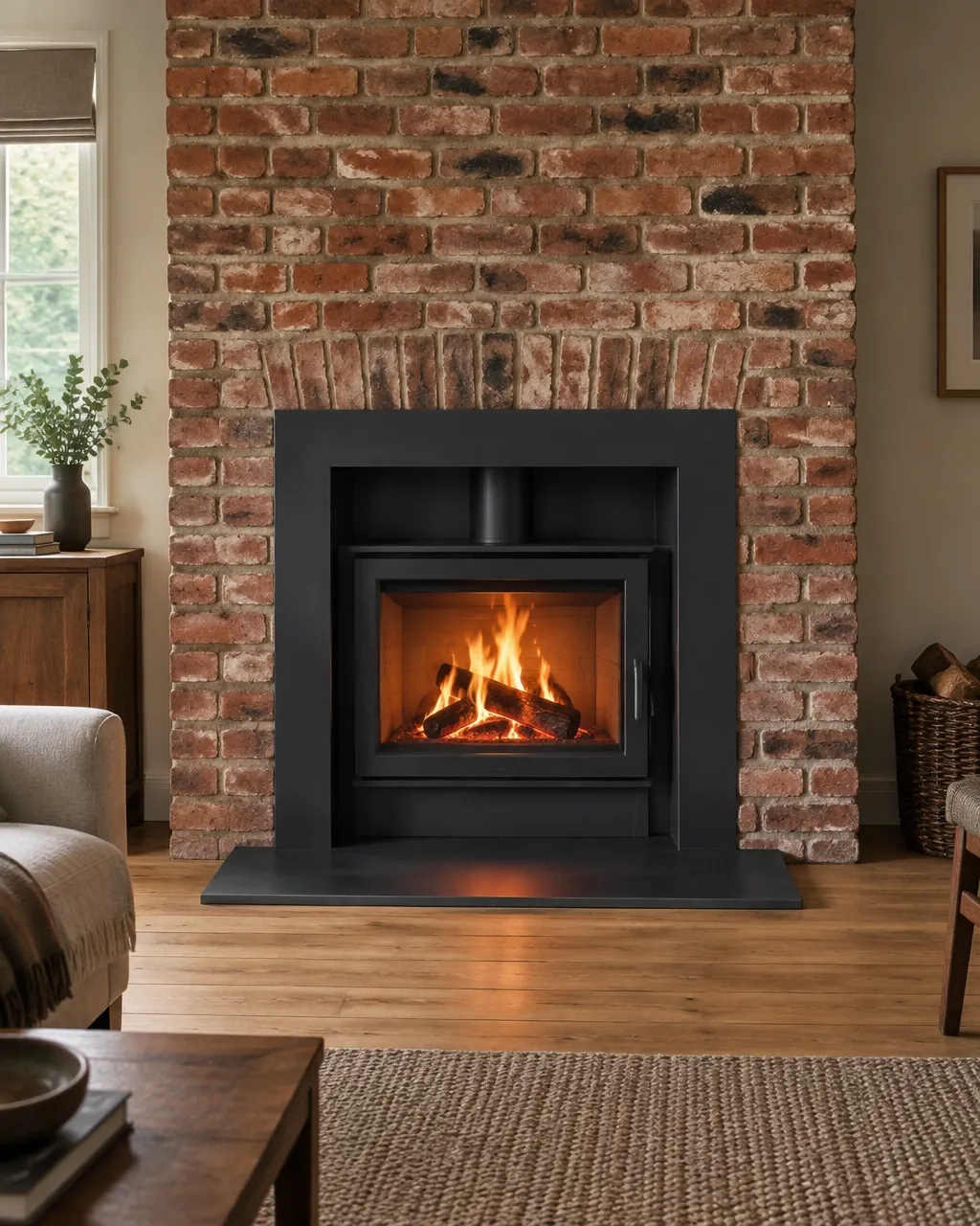 Built-in inset steel log burner with a visible fire and bespoke steel surround set into a brick chimney breast