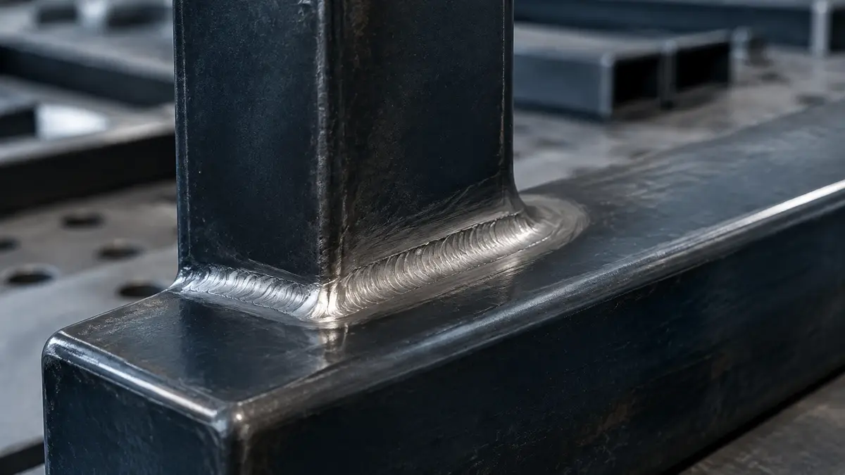 Close-up detail of a dressed weld on a structural steel joint showing a clean finished surface