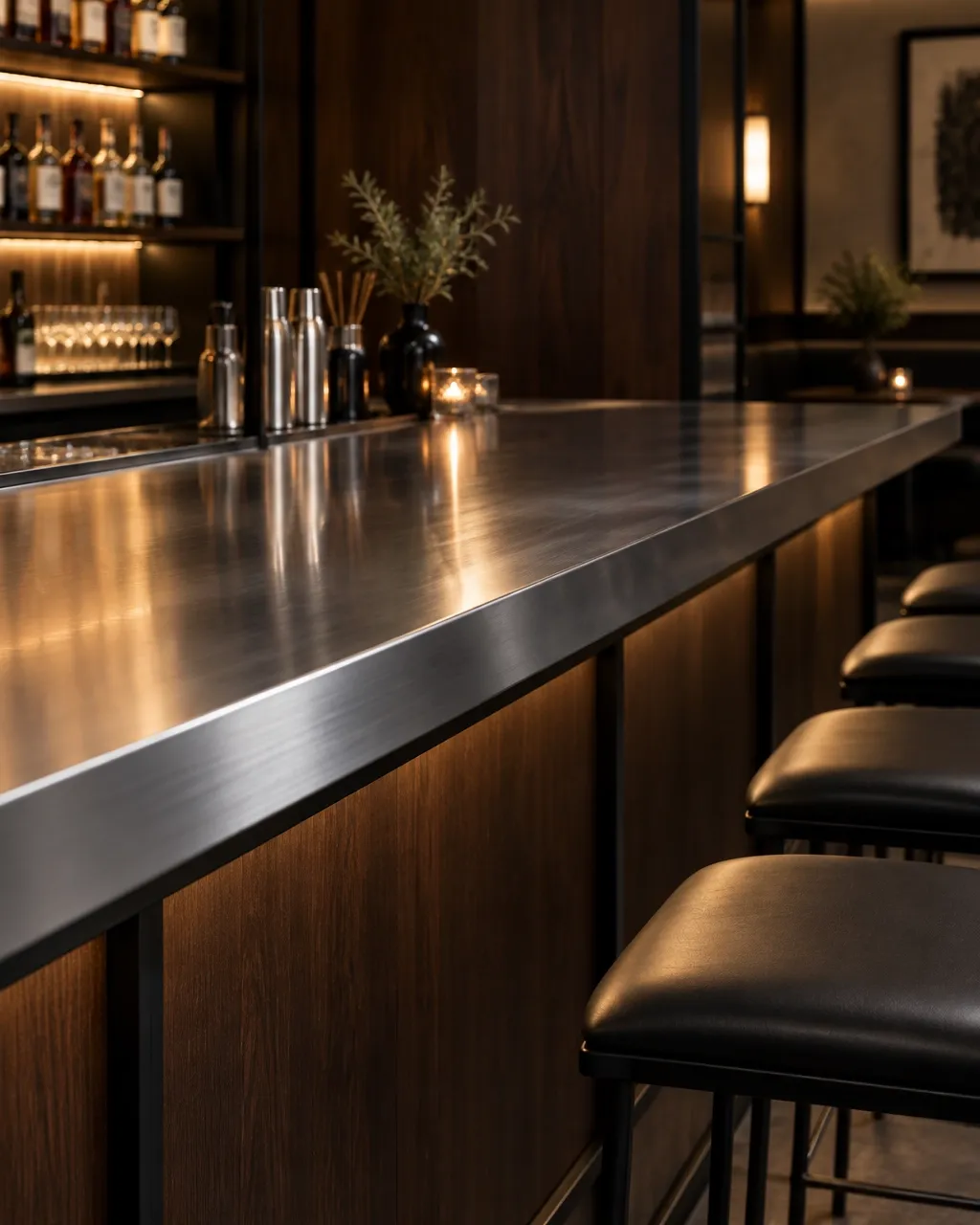 Bespoke stainless steel bar counter with dark timber cabinetry and black steel framing in a finished interior