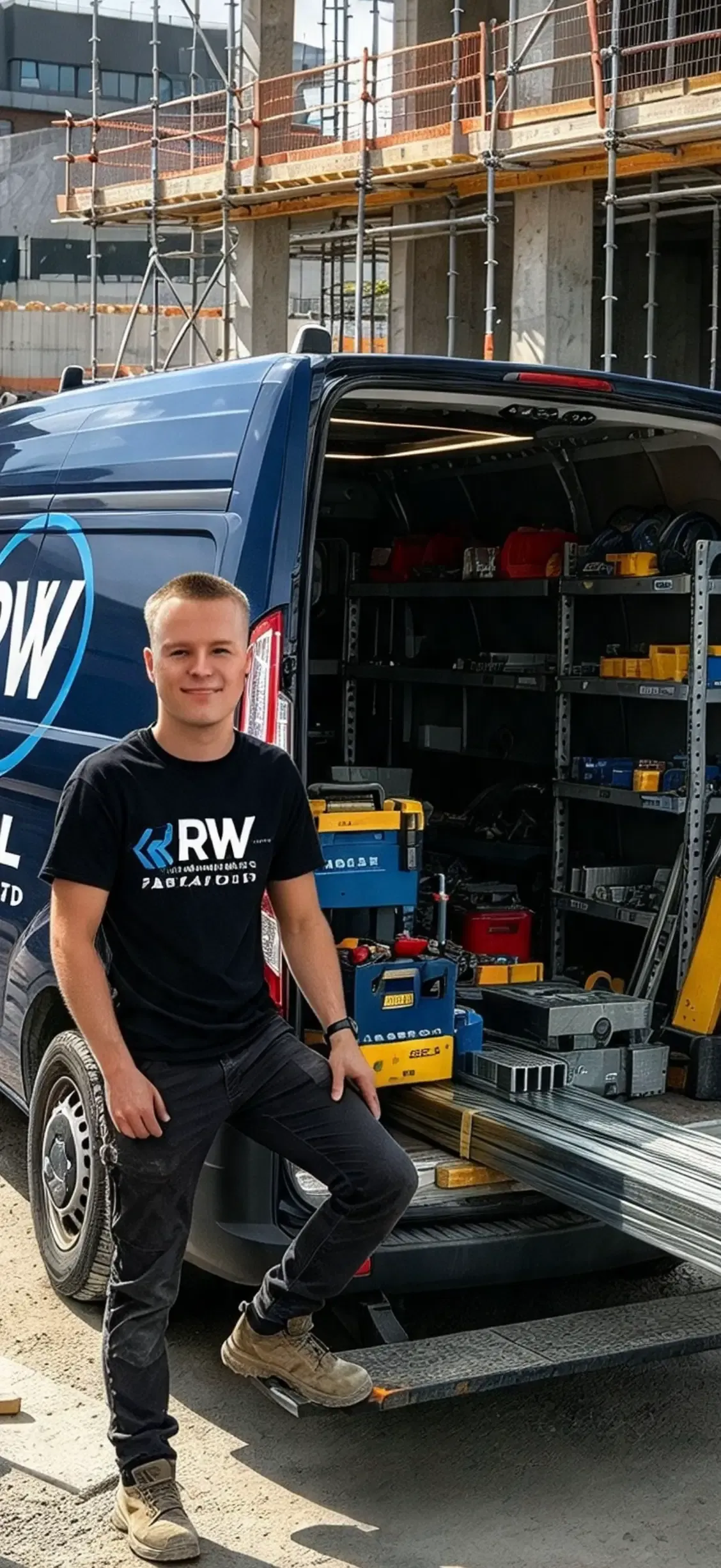 RW Steel fabricator beside the company van loaded with steel sections and workshop tools
