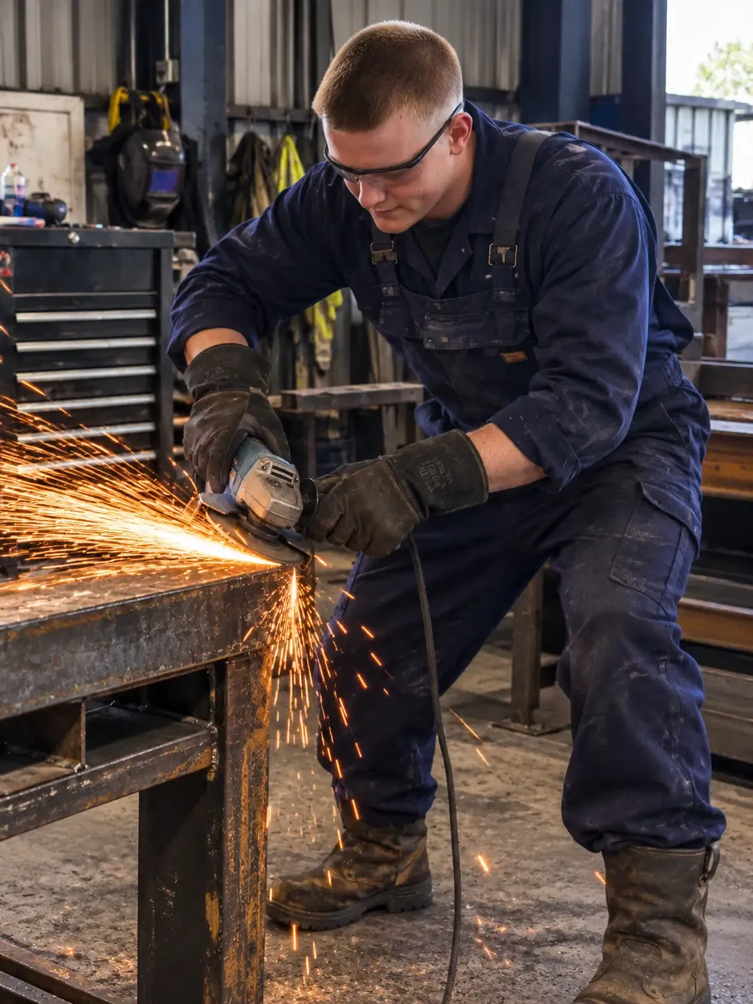 Steel fabricator using an angle grinder to finish a steel component in the Sheffield workshop
