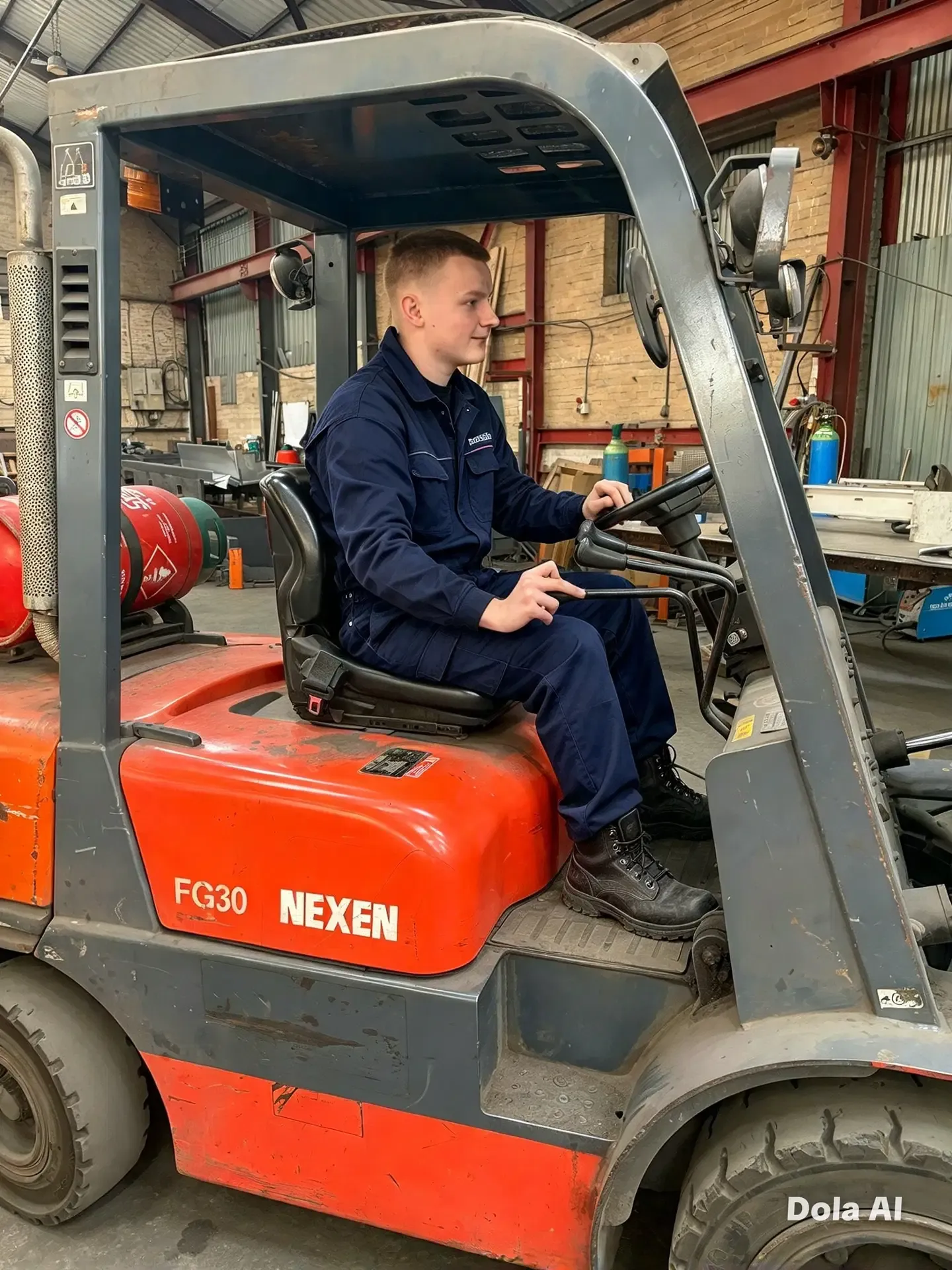 RW Steel team member operating the workshop forklift truck to handle materials