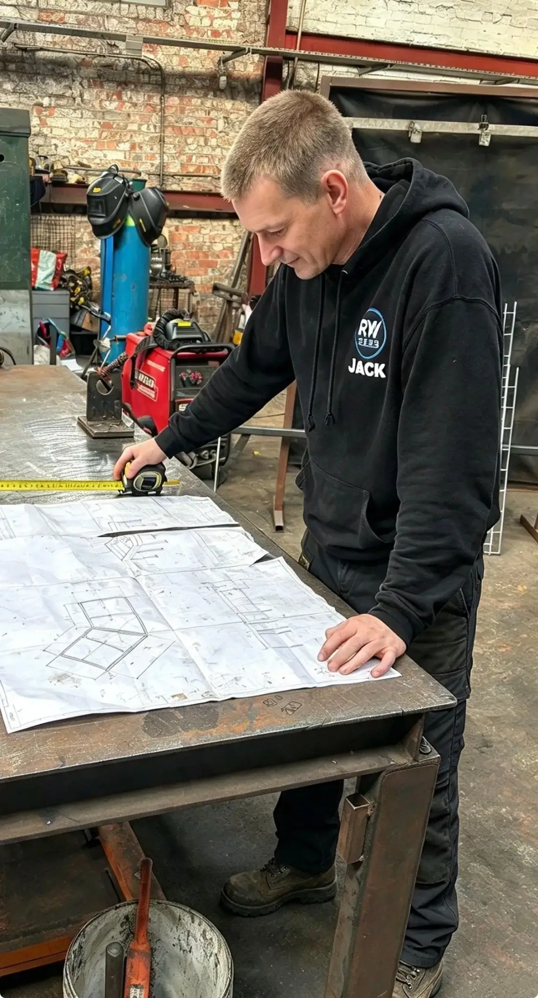 Workshop staff preparing a fabricated steel section for lifting with the overhead crane