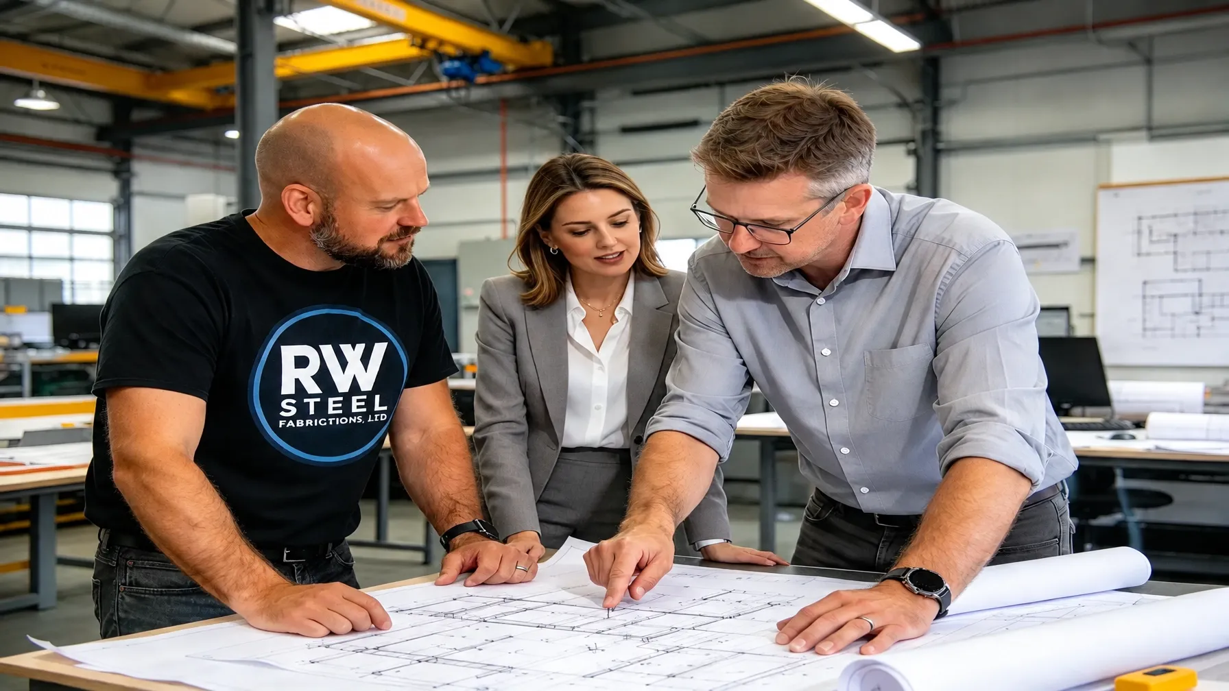 Rob and two project partners reviewing fabrication drawings in the Sheffield workshop