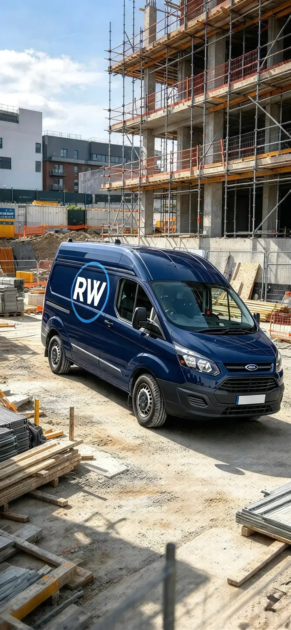 RW Steel Fabrications Ltd van at a construction site, ready to deliver steelwork