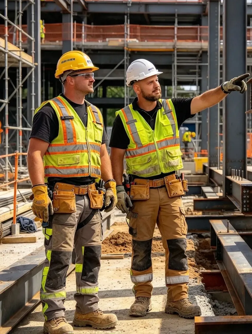Two site workers discussing structural steelwork on a building site
