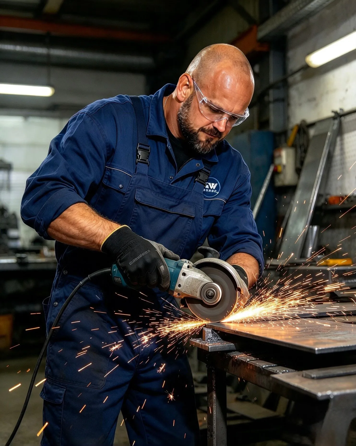 Steel fabricator in protective eyewear grinding a steel workpiece in the workshop