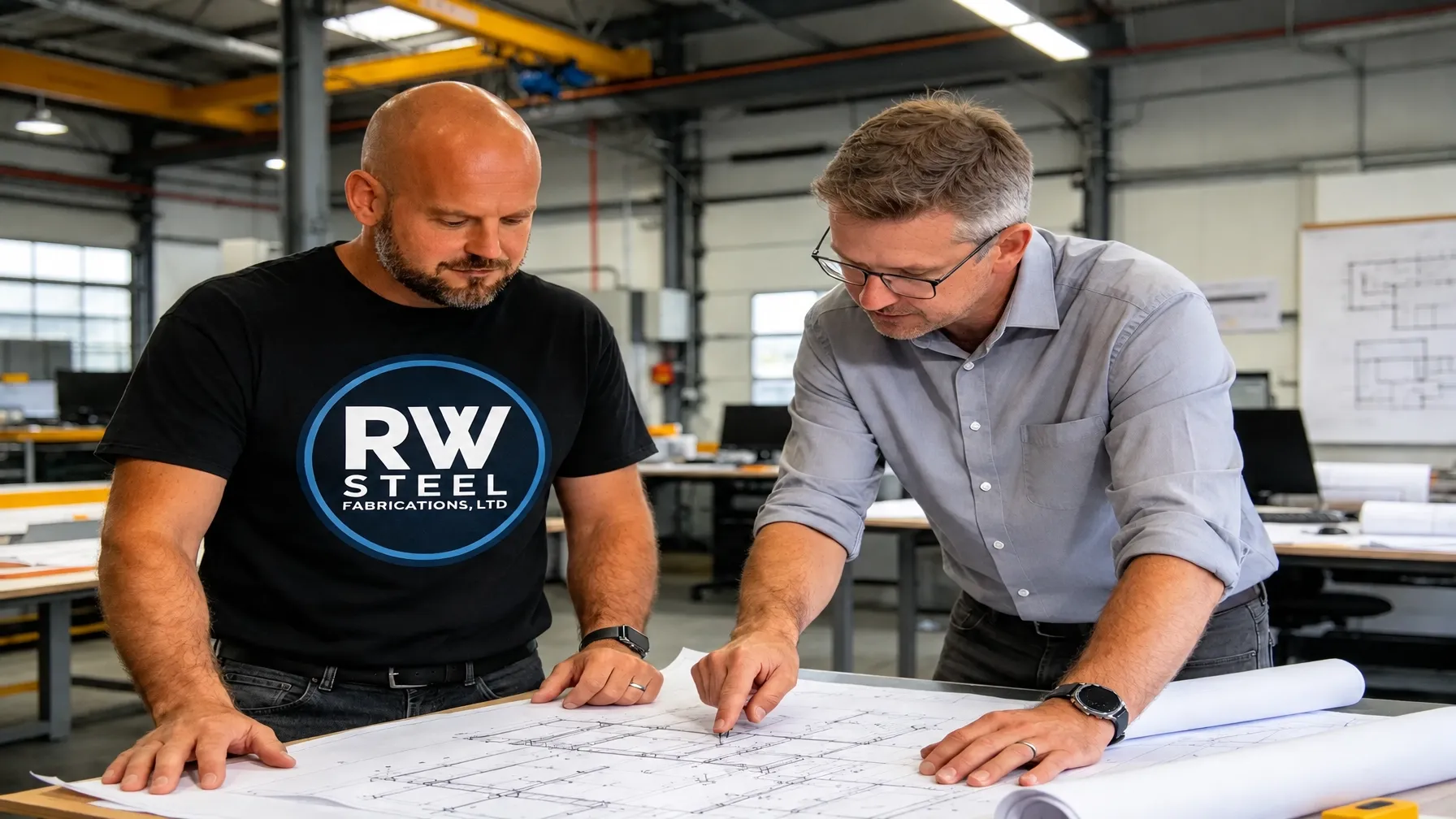 Rob and a colleague reviewing steel fabrication drawings in the workshop