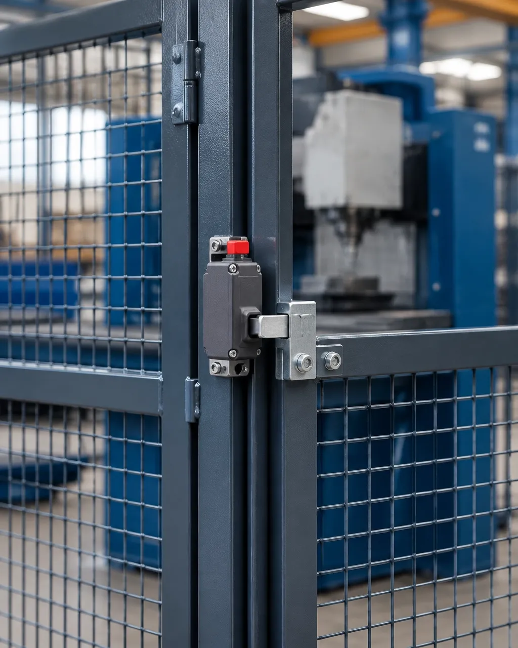 Illustrative close-up of an interlock switch where a machine guard gate meets its steel frame