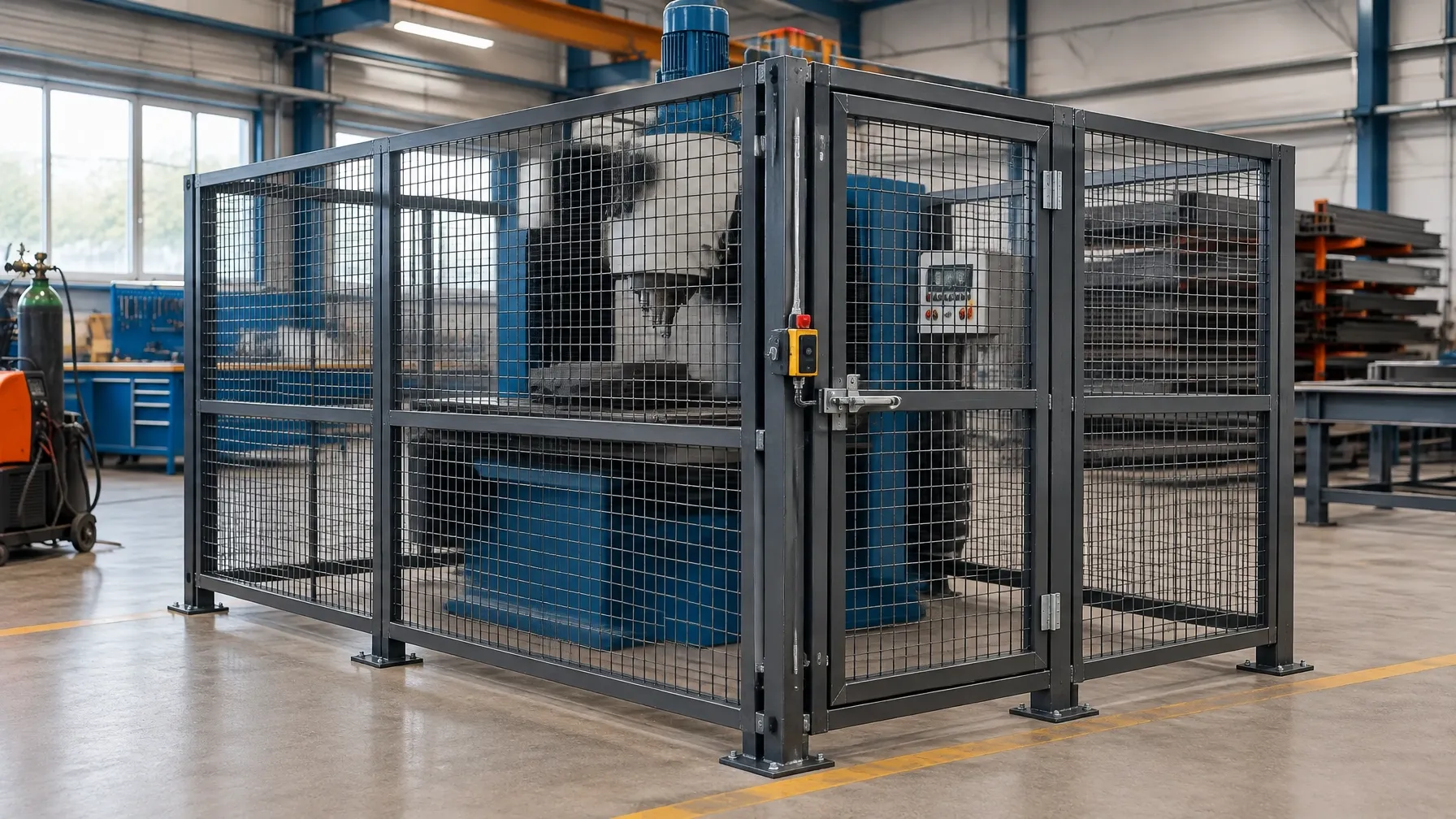 Illustrative steel mesh machine guard enclosure with a hinged access gate and interlock switch in a tidy workshop