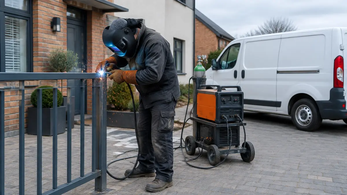 Welder welding a steel handrail frame on site in front of a building beside a mobile welding setup and van