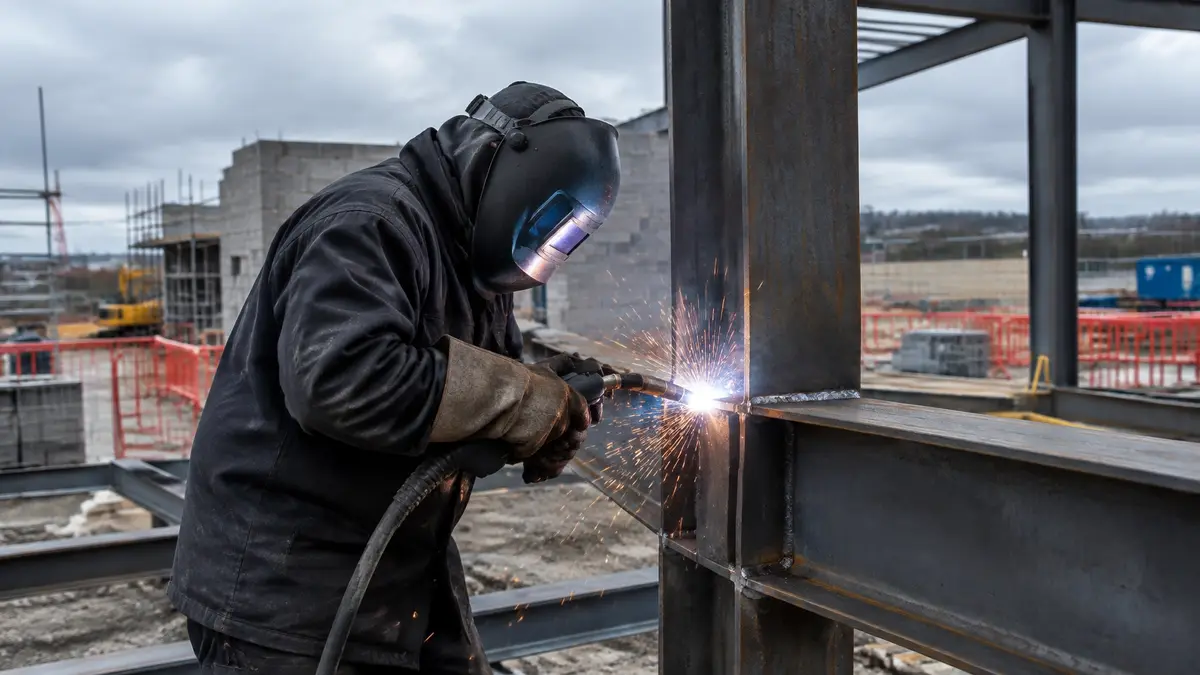 Welder in protective gear welding structural steelwork on an active construction site with sparks visible