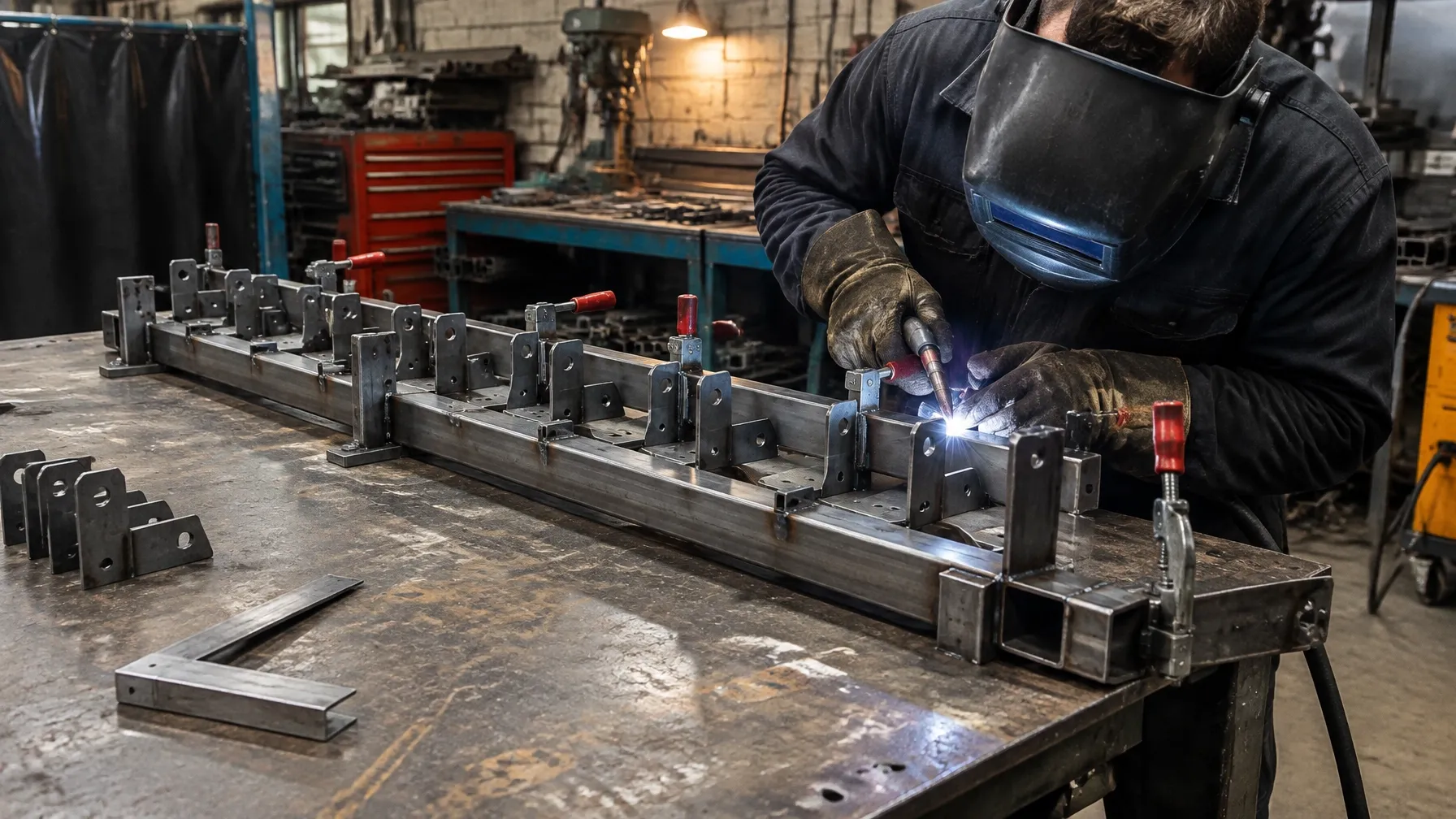 Purpose-made steel jig on a workshop bench holding identical steel components while a fabricator tack welds the run