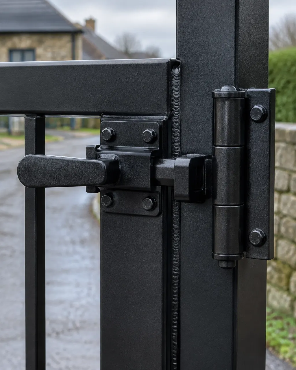 Close-up of a robust steel gate latch, hinge and finished frame joint