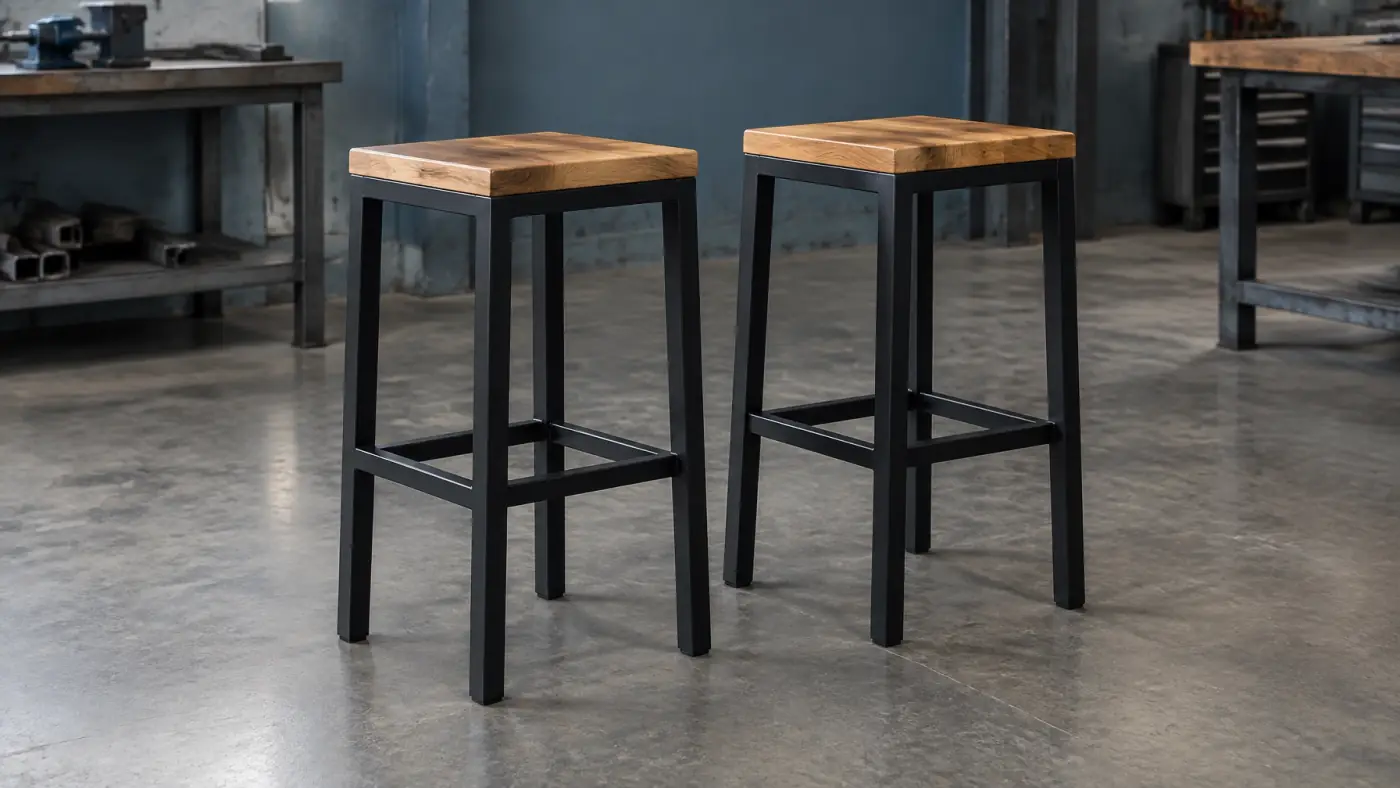 Matching steel bar stools with solid timber seats in a workshop
