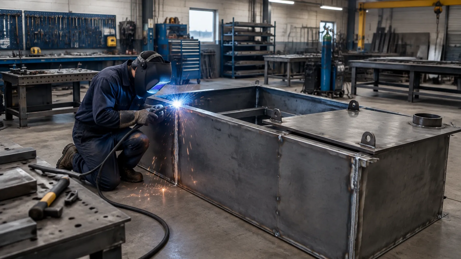 Fabricator welding a partly assembled bespoke steel tank on the floor of a tidy UK workshop