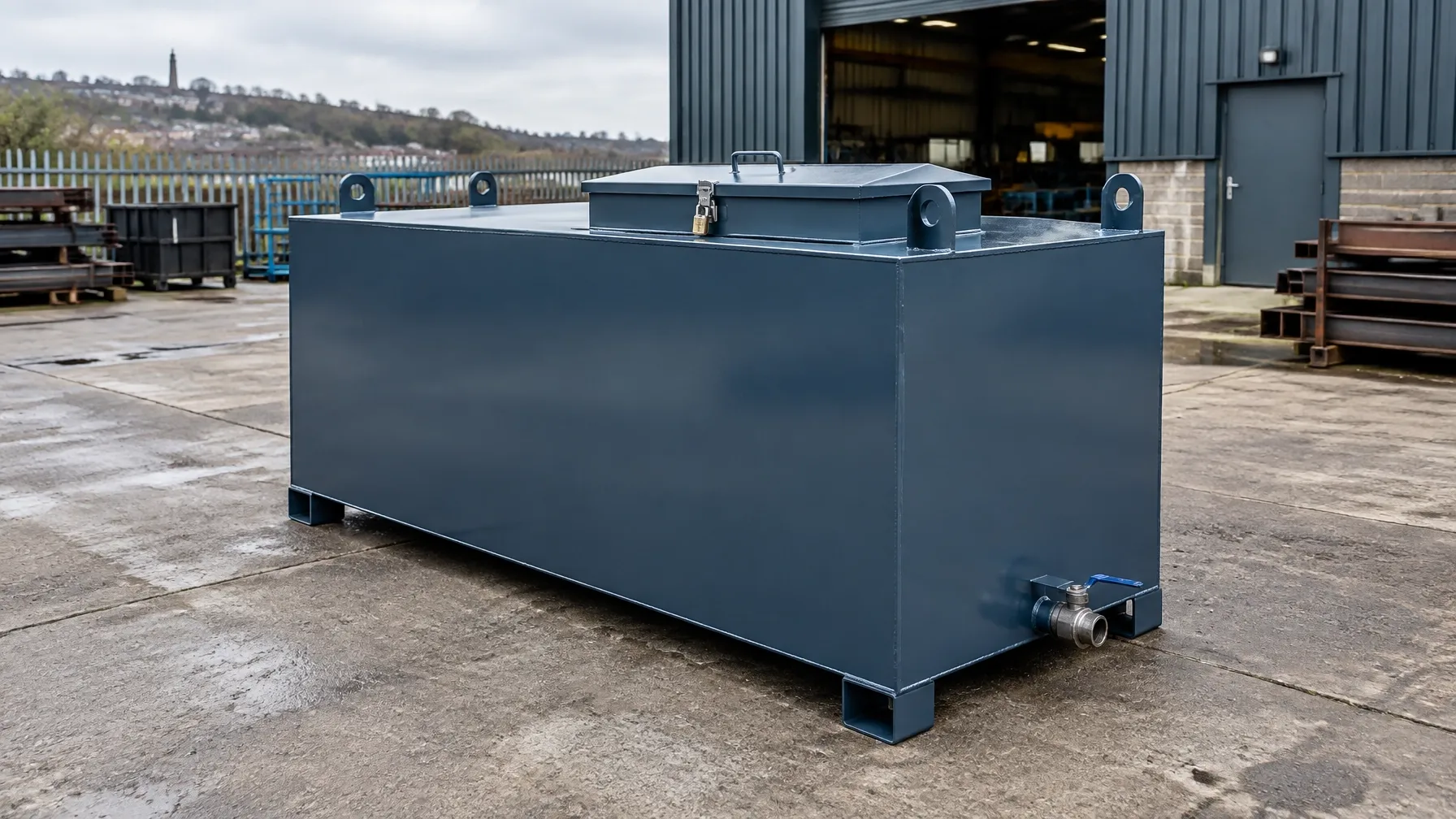 Newly fabricated rectangular steel waste oil tank with a lockable lid sitting in a workshop yard beside a steel building
