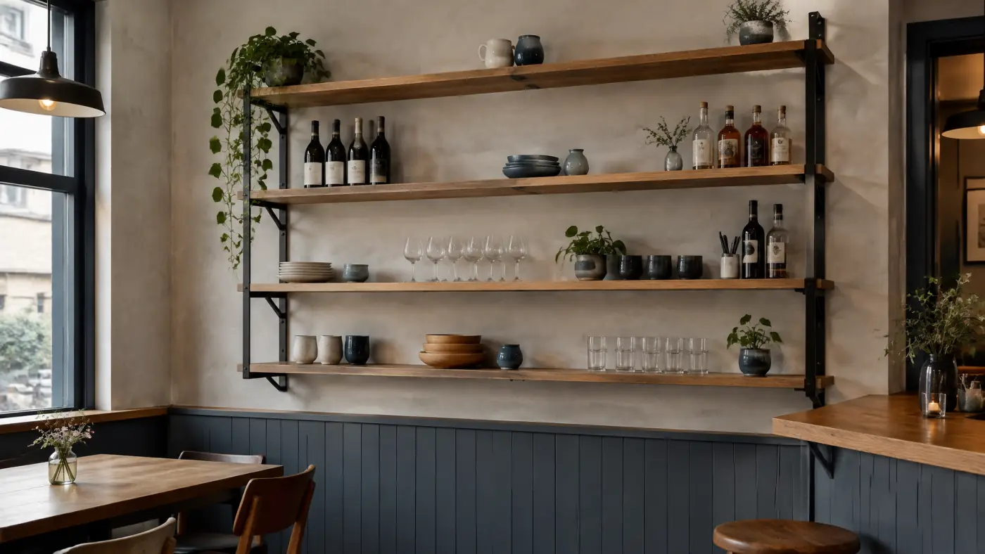 Wall-mounted steel and timber shelving in a cafe bar interior