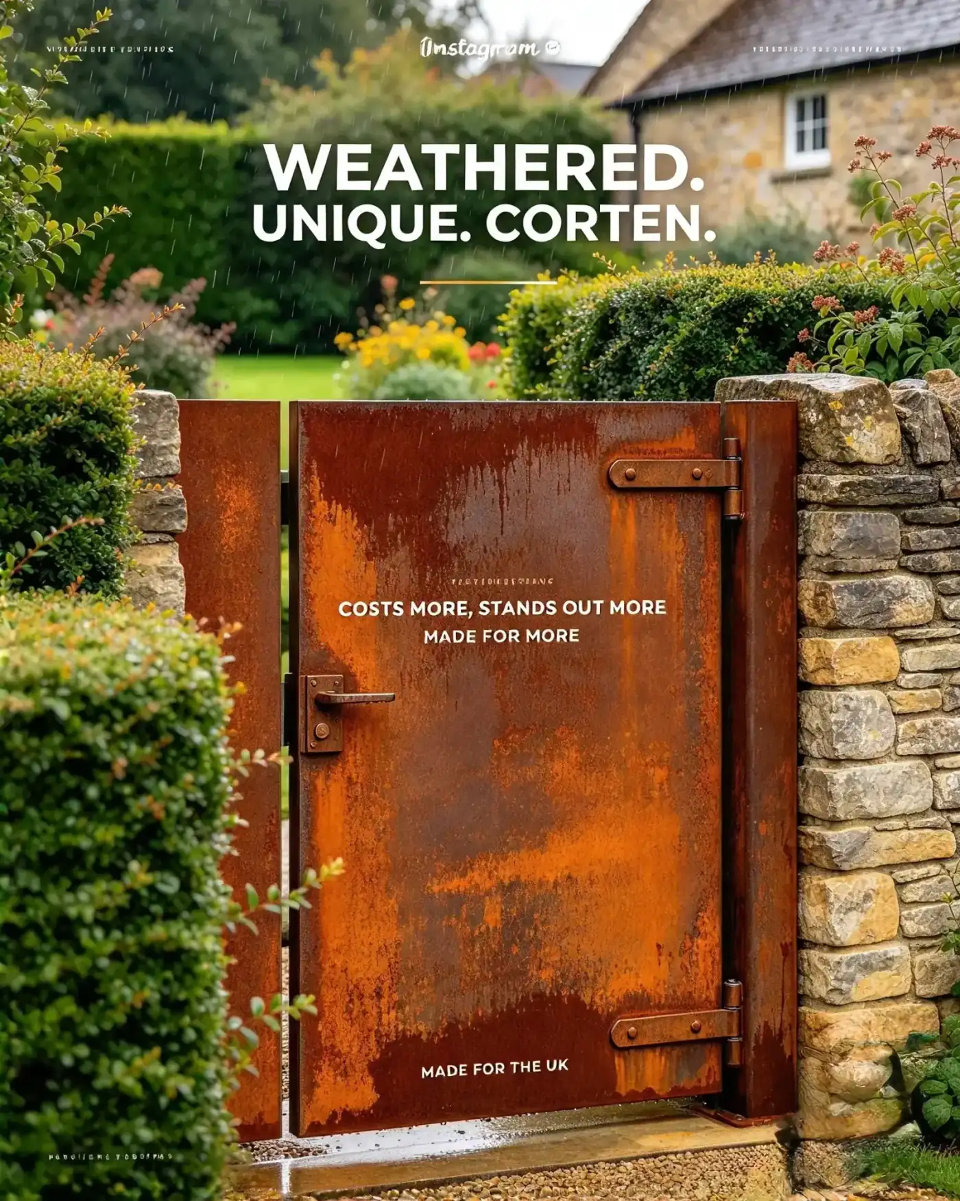 Weathered corten steel garden gate set between stone walls in a landscaped garden