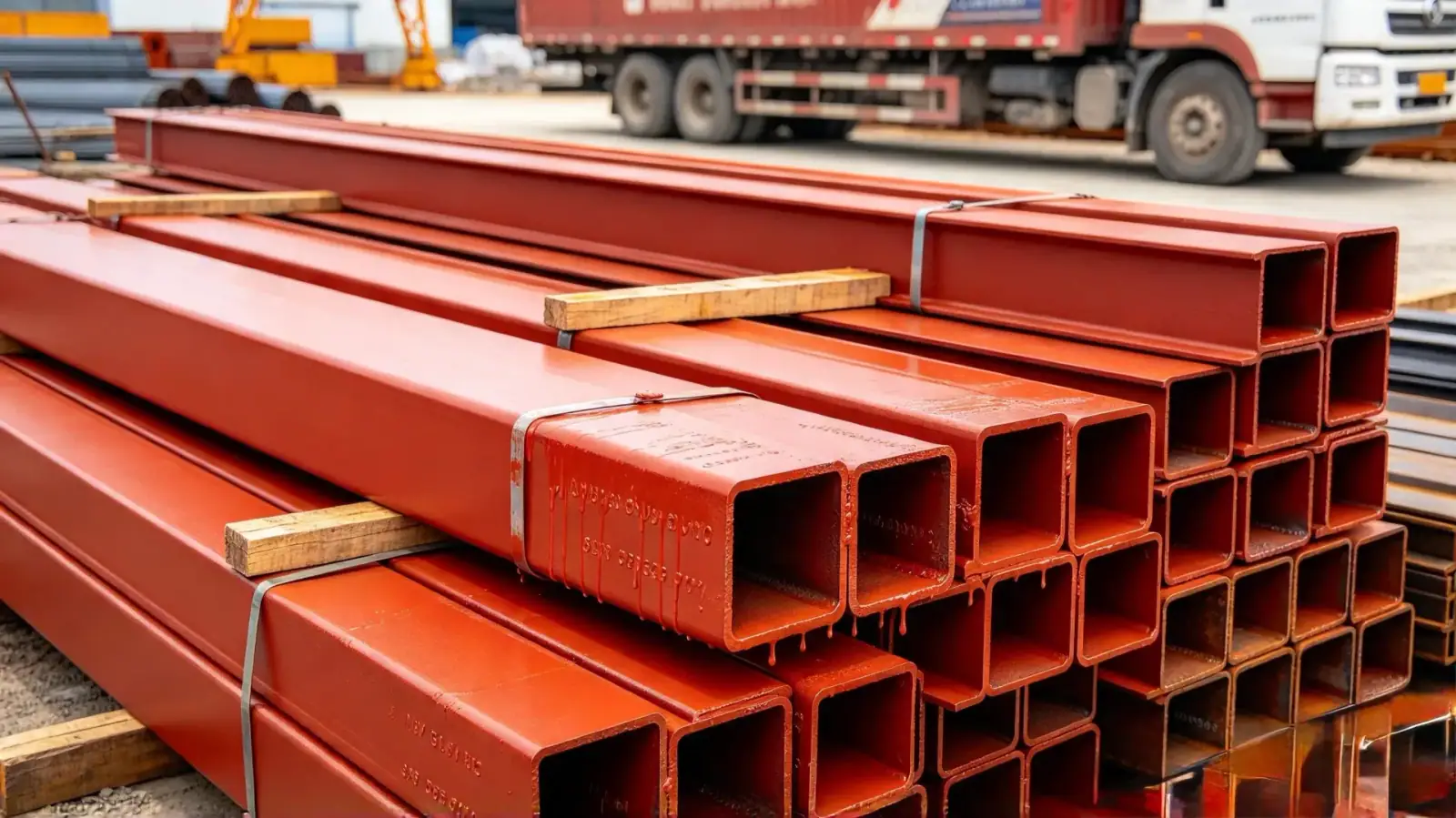 Red-oxide coated structural steel beams stacked on bearers in a fabrication yard